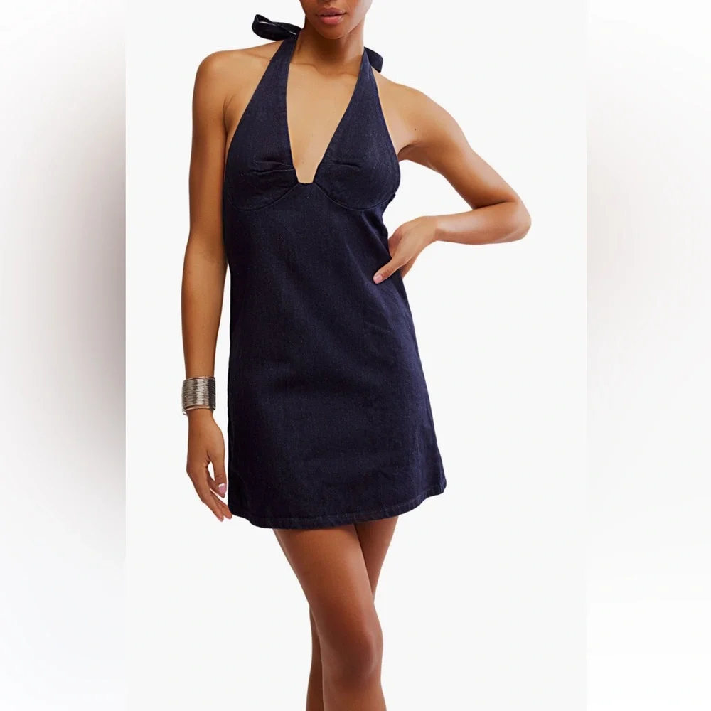 Free People Trevi Denim Halter Minidress in Rinse Sizes L & XL $108 Retail NWT - Picture 2 of 8